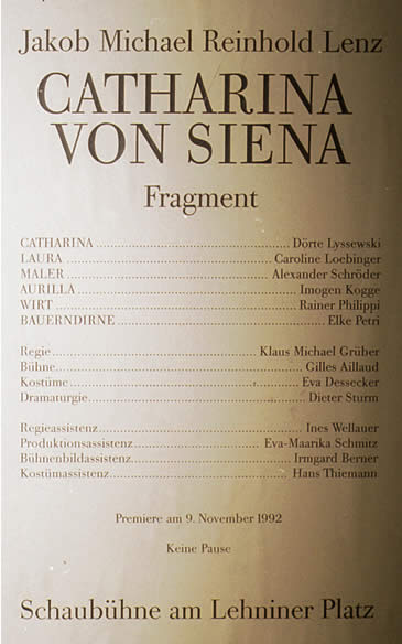 Theaterzettel der Uraufführung 1992 in Berlin
